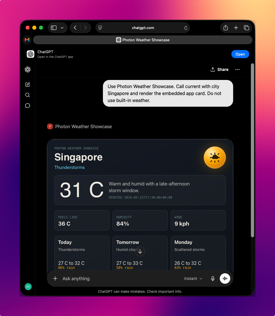 ChatGPT rendering the Photon weather app
