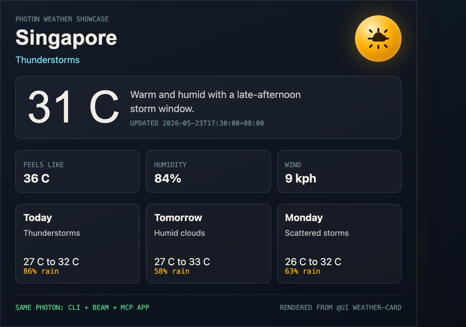 Weather card rendered from the Photon UI bridge